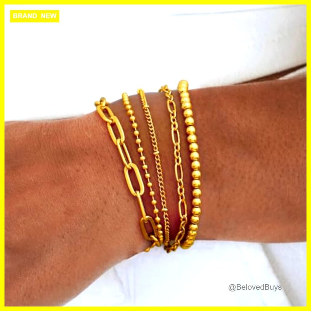 Waterproof Gold Plated Link Bracelet Set Hypoallergenic Stainless Steel - Picture 3 of 7